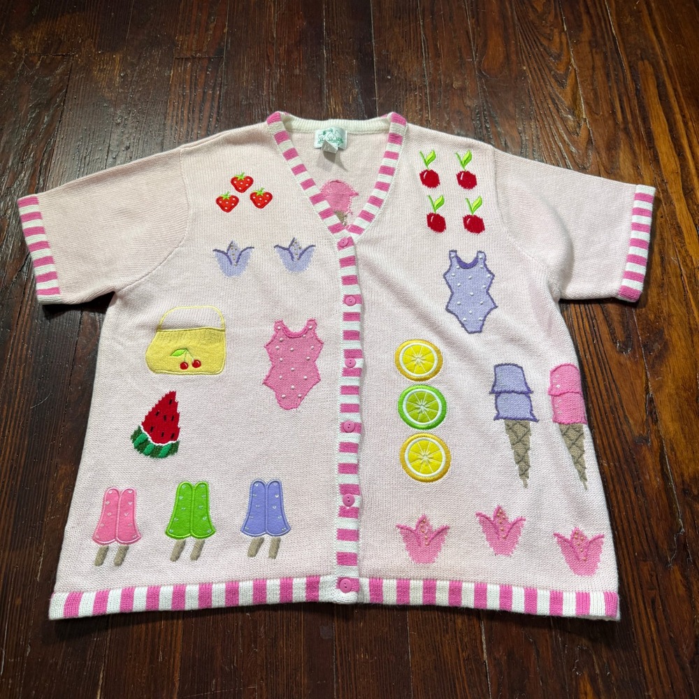 Quacker Factory Cardigan Women 1X Pink Summer Novelty Ice Cream Fruit Knit Top